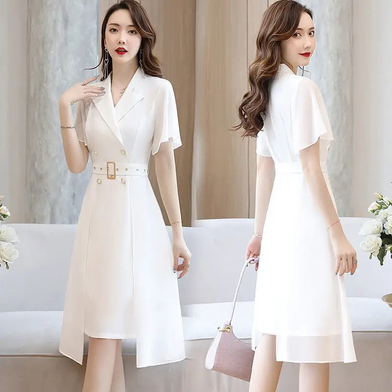 

Suit collar dress female 2021 summer new vestidos temperament mid-length waist reduction age French skirt vestidos de fiesta