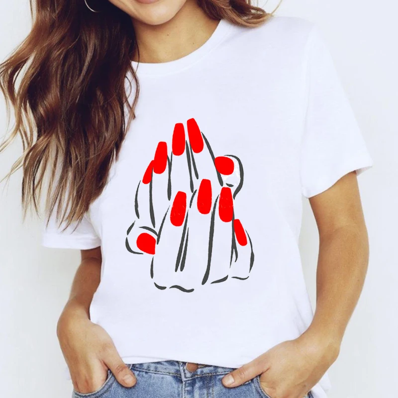 

90s Kawaii Clothes Fingernail Nail Art Clothing Print women's street loose T-shirt Lady Graphic Female Harajuku aesthetic Tee