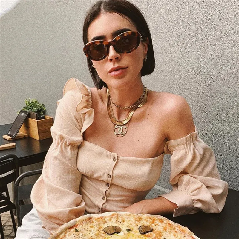 Новая женская однобортная Приталенная футболка в клетку с длинным рукавом |