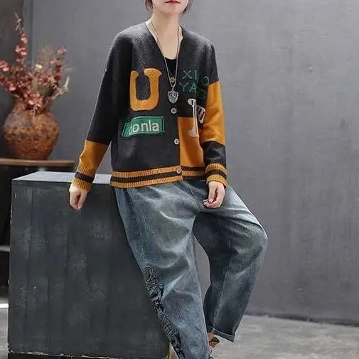 

New Vintage Sweater Jacket Women's loose large V-neck cardigan letter jacquard sweater top