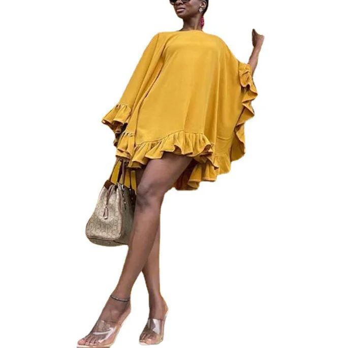 

2021 New African Dress Womens Batwing Sleeve Loose Falbala Mini Length Fashion Sexy Evening Night Club Wear Vestidos Mujer Dress