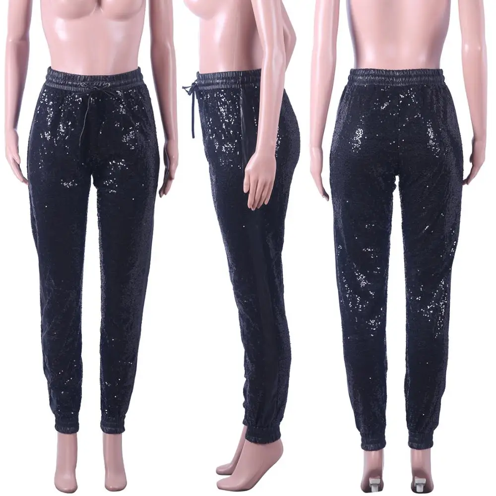 Женские эластичные брюки-карандаш из искусственной кожи с блестками размера