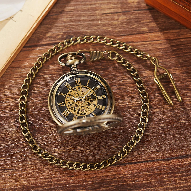 Gold Mechanical Pocket Watch Hollow Steampunk Train Engraved Hand Winding Watch Skeleton Fob Chain Necklace Pendant Clock