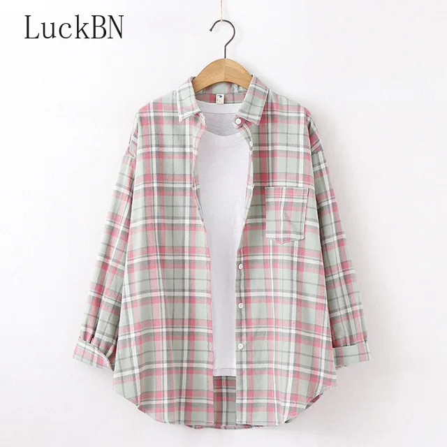 Рубашка женская свободная из 100% хлопка в клетку стиле бойфренда | Женская одежда