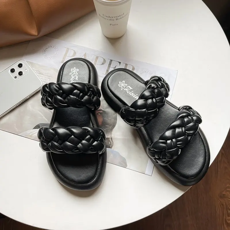 

2021 Fashion Summer Women Open Toe Sandals Shoes Candy Woven Leather Female Platform Retro Shoes Flats Beach Flip Flops Slipper