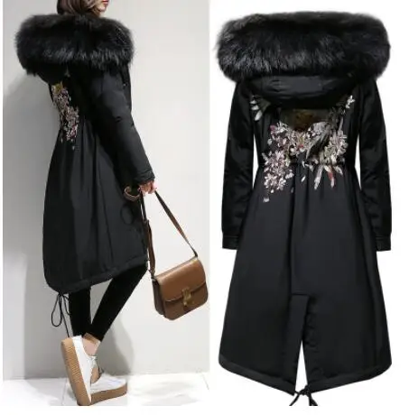black fur collar Новинка, женские XL-5XL парки большого размера, зимние теплые длинные куртки с капюшоном на молнии, верхняя одежда из флока - Цвет: black fur collar