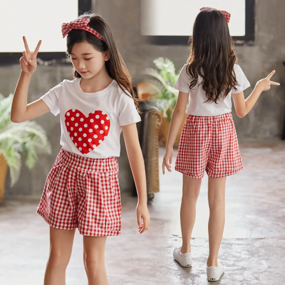 Летняя одежда для девочек костюм с рисунком сердца футболка + штаны комплекты