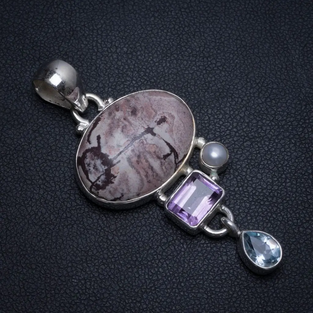 Нефрит с натуральными пятнами голубой топаз аметист и речной жемчуг уникальный