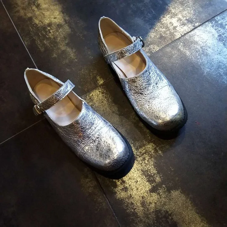 

Vintage Dark Style Mary Jane Single Shoes Women Silver Shiny Leather Lace-up Buckle Thick-heeled Personality Pumps Shoes