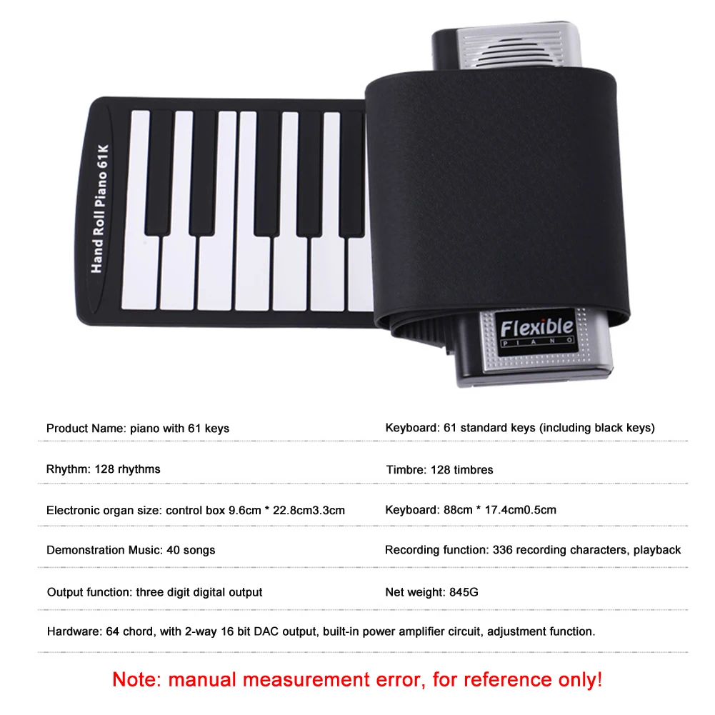 

Hand Roll Up Piano Portable Folding Electronic Organ Keyboard Instruments 61 Key for Music Lovers Playing Accessories