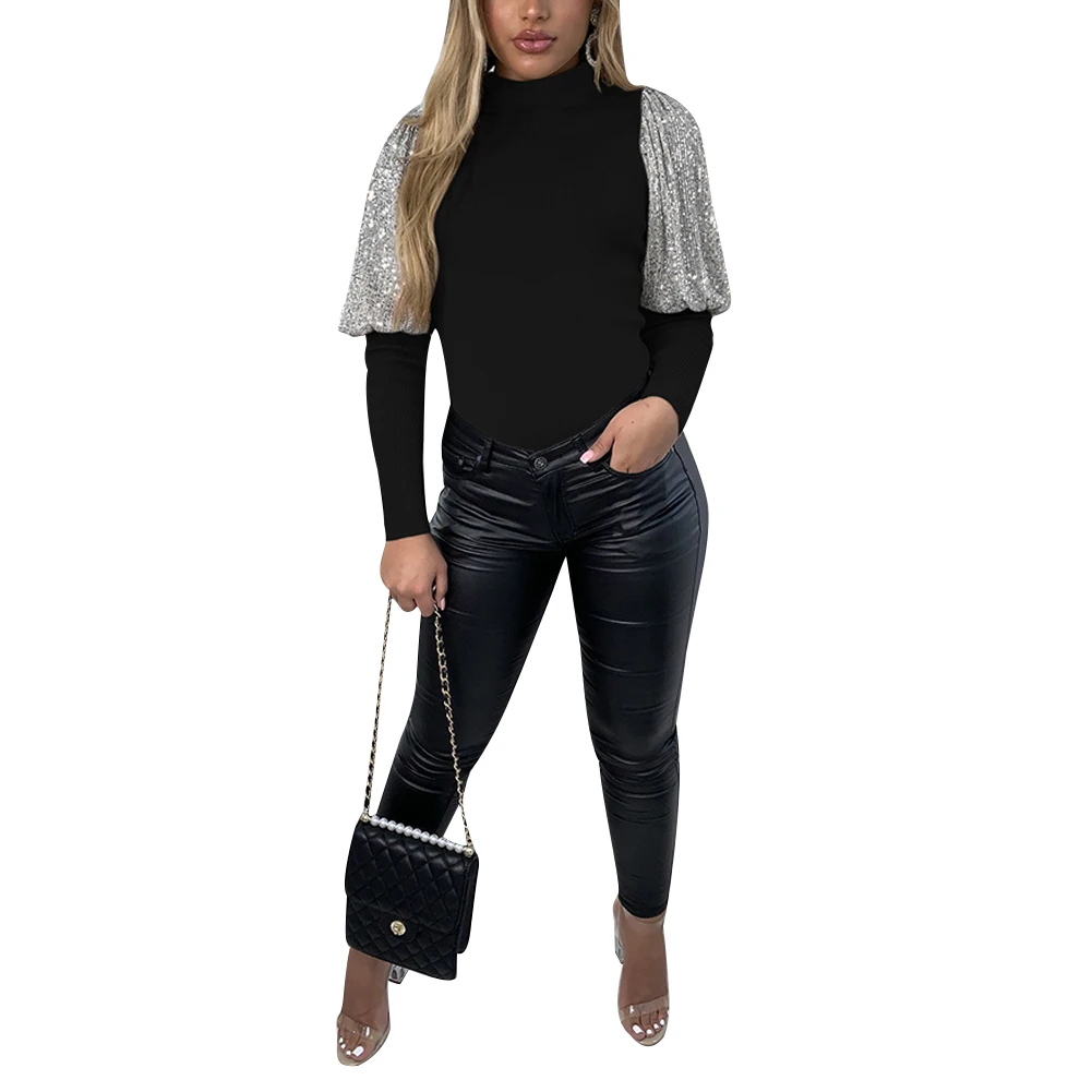 Women Puff Sleeve Tops Pullover Knit T-shirt Autumn Spring Female Slim Fit Shiny Tee Shirt Plus Size |