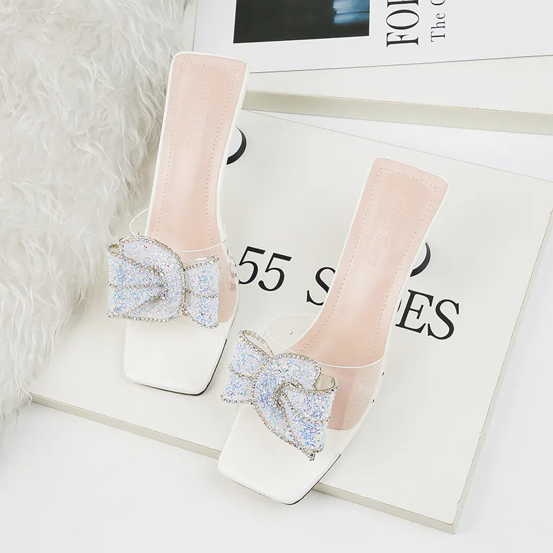 Новинка 2019 года Женские шлепанцы из пвх Сандалии на толстом каблуке со стразами