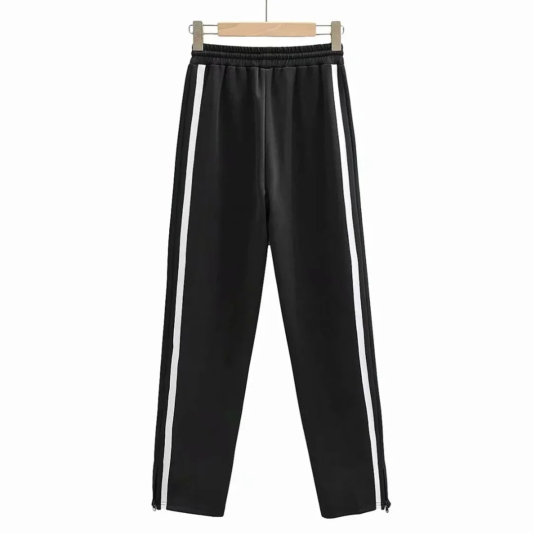 

Spring and Autumn New Women's trousers elastic waist high waist white stripe side split leisure pants