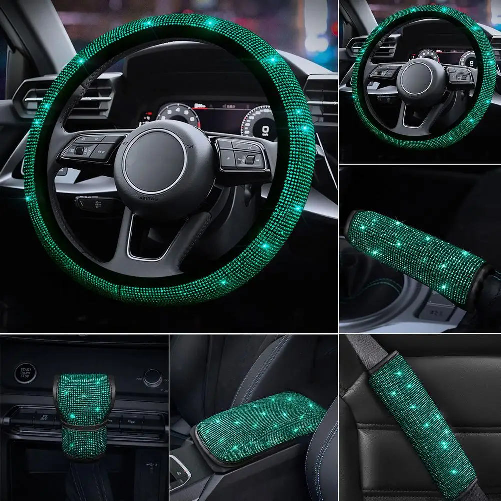 

Emerald Green Car Steering Wheel Cover Accessories Women Bling Rhinestones Set Interior Auto Decor Styling Bling Emerald Series