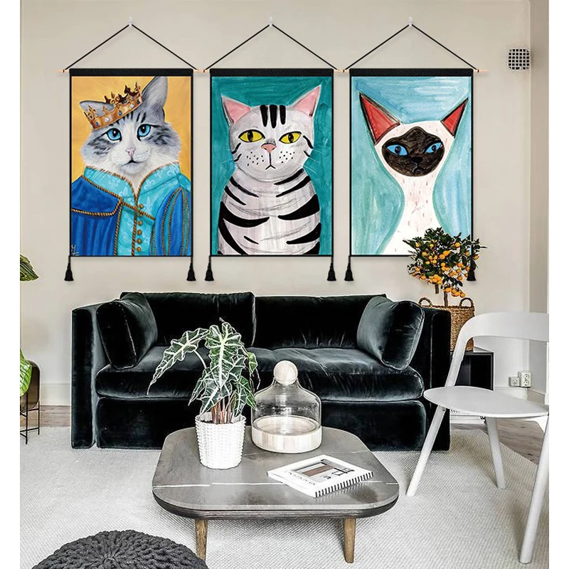 

New Kawaii Cute Cartoon Cat Background Hanging Canvas Wall Cloth Healing System Warm Bedside Living Room Funny Tapestry Tassel