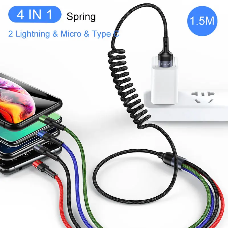 4 in 1 Spring 1.5M USAMS 3 в 1 Micro USB кабель 3A type C кабель для iPhone кабель USB C кабель для зарядки 4 в 1 шнуры для iPhone 6 6s 7 8 x xs samsung - Цвет: 4 in 1 Spring 1.5M