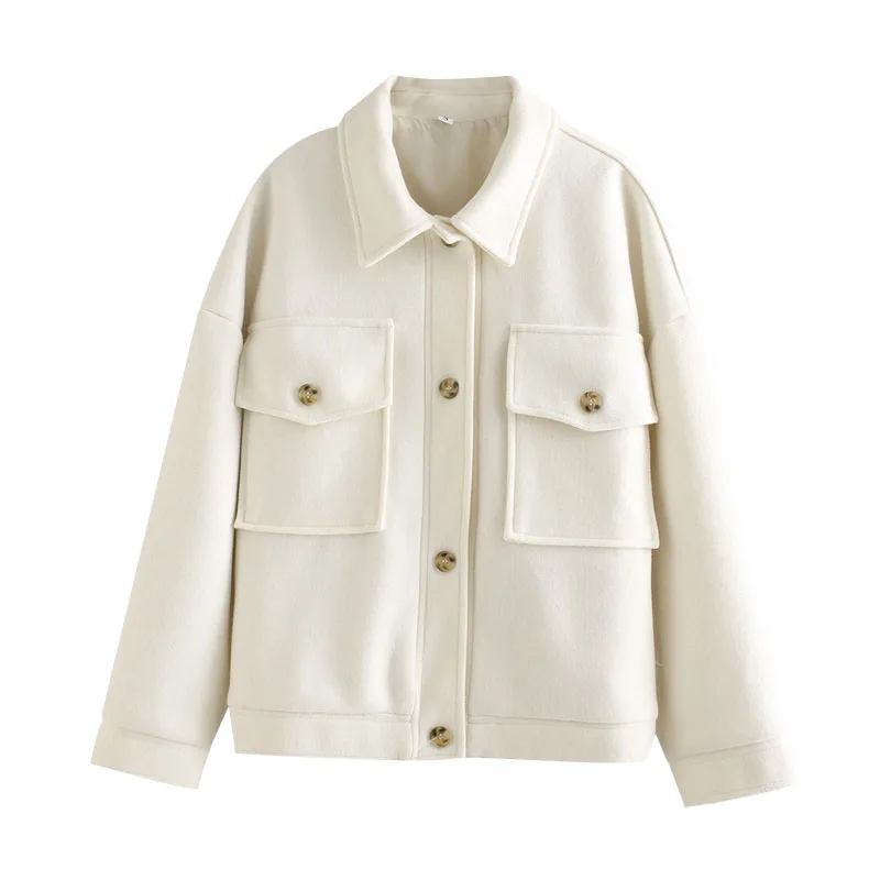 

Woolen Jacket Coat Vintage Long Sleeve Button-up Female Outerwear Chic Tops Women Fashion With Pockets Oversized
