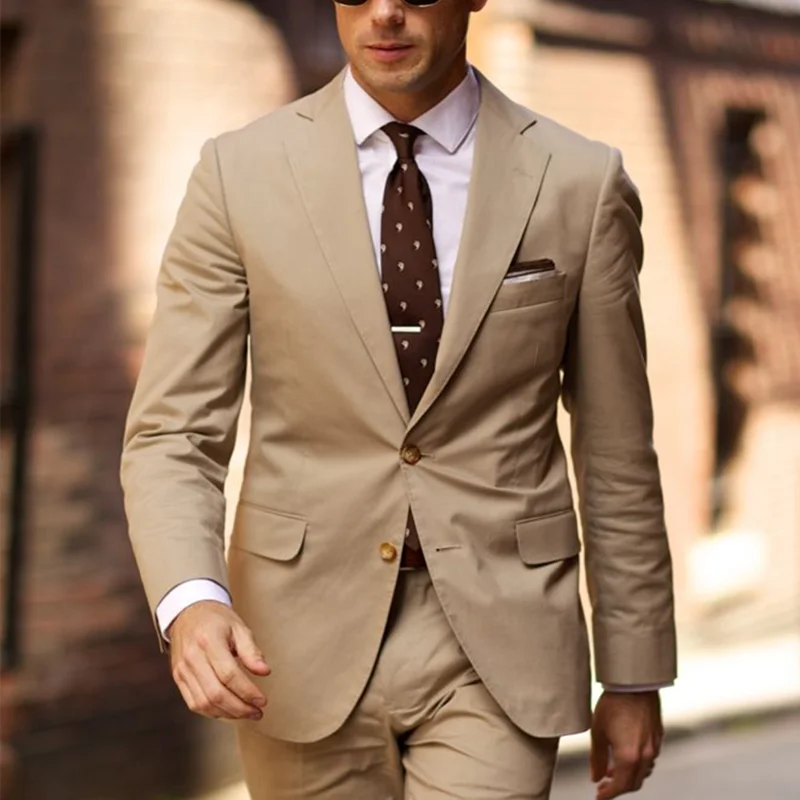 

Mens Wedding Suits Two Pieces Khaki Single Breasted Two Button Notch Lapel Slim Fit Stylish Blazer Jackets and Pants Costumes
