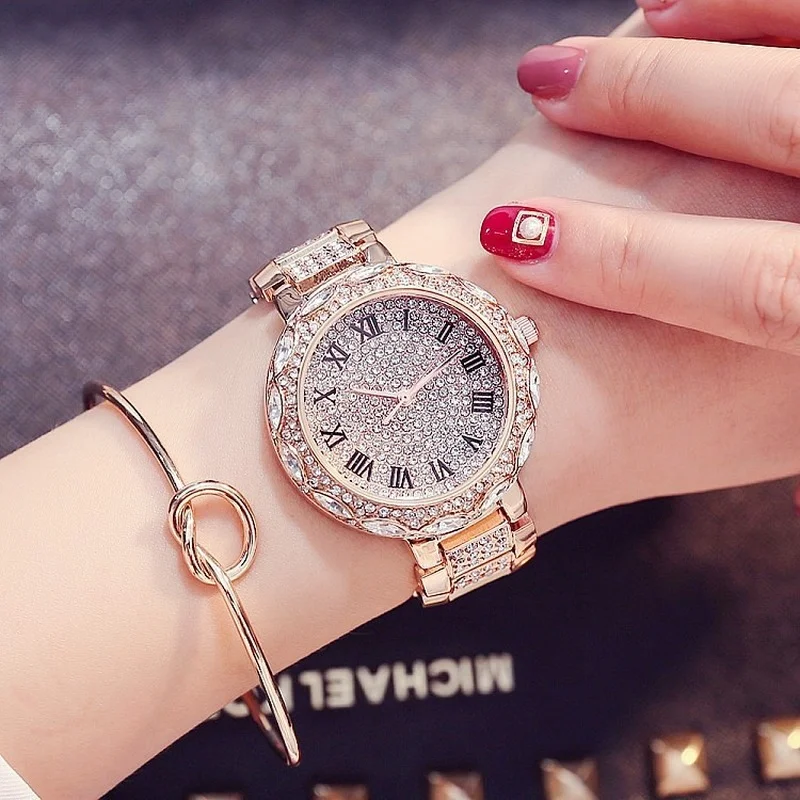 

Light Luxury Rhinestones Cool Steel Band Full Diamond Roman Numeral Purple Watch Fashion Ladies Watch