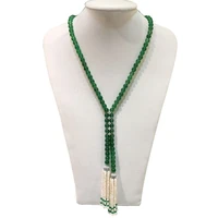 hot sell super beautiful natural white freshwater pearl green stone tassel long sweater chain necklace fashion jewelry