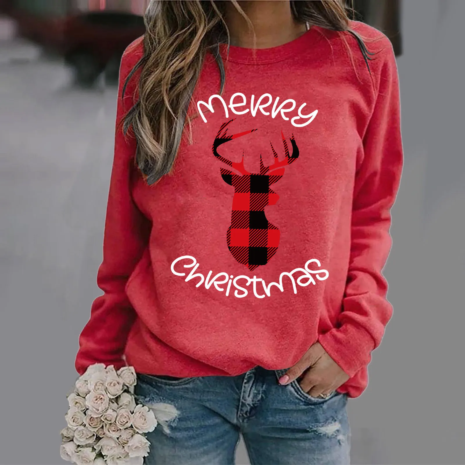 

Women Sweatshirt Merry Christmas Print Crew Neck Long-sleeve Vintage Casual Pullover Tops Casual Autumn Winter Woman Clothes