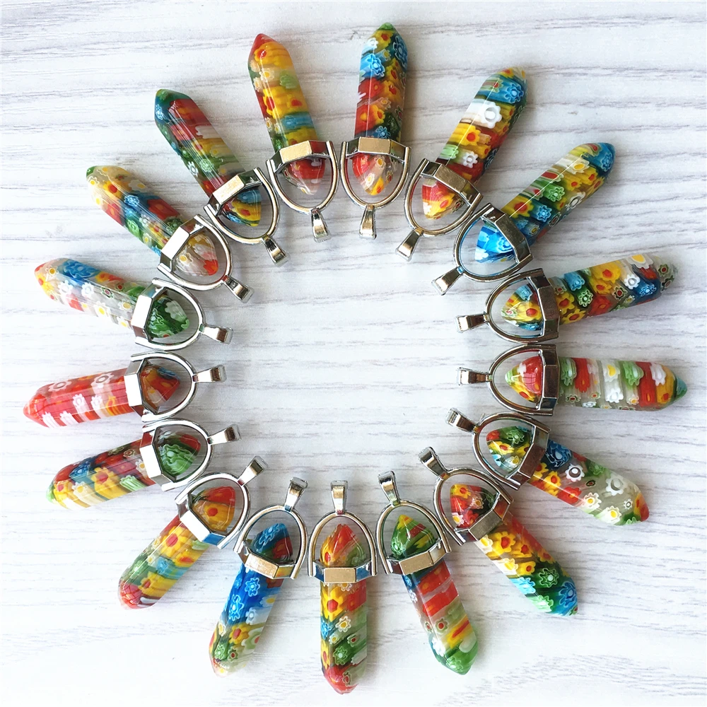 

Hot Thousand Flowers Glass Pillar Pendants Fashion Healing Charms Bullet Pendulum Necklace Making Accessories Wholesale 24PCS