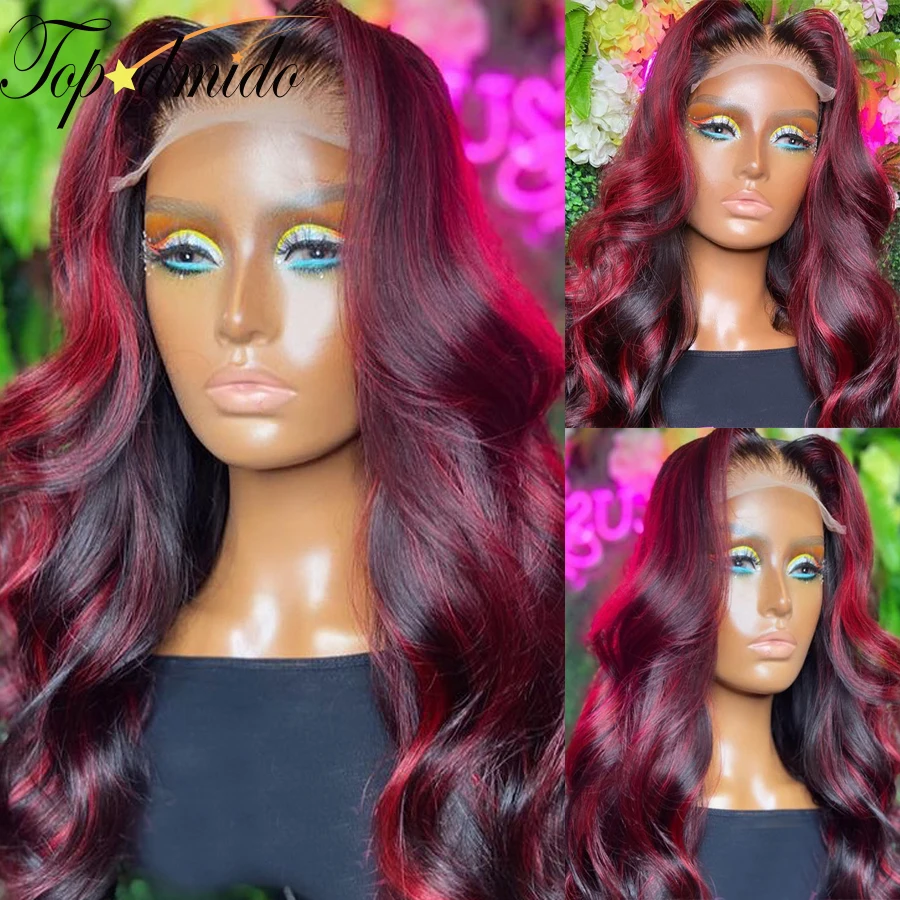 

Topodmido Dark Red Color 13x4 Lace Front Wig with Baby Hair Pre Plucked Body Wave Brazilian Remy Hair Lace Front Wigs Human Hair