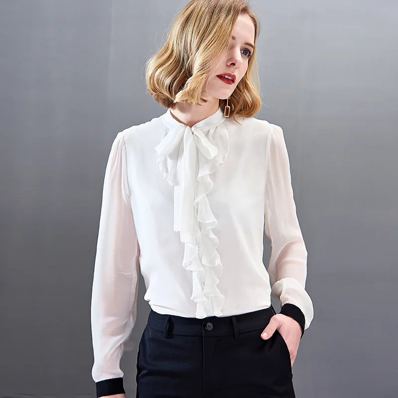 women s blouses and tops silk floral office formal casual shirts plus large size 2019 summer sexy Haut femme white bow tie
