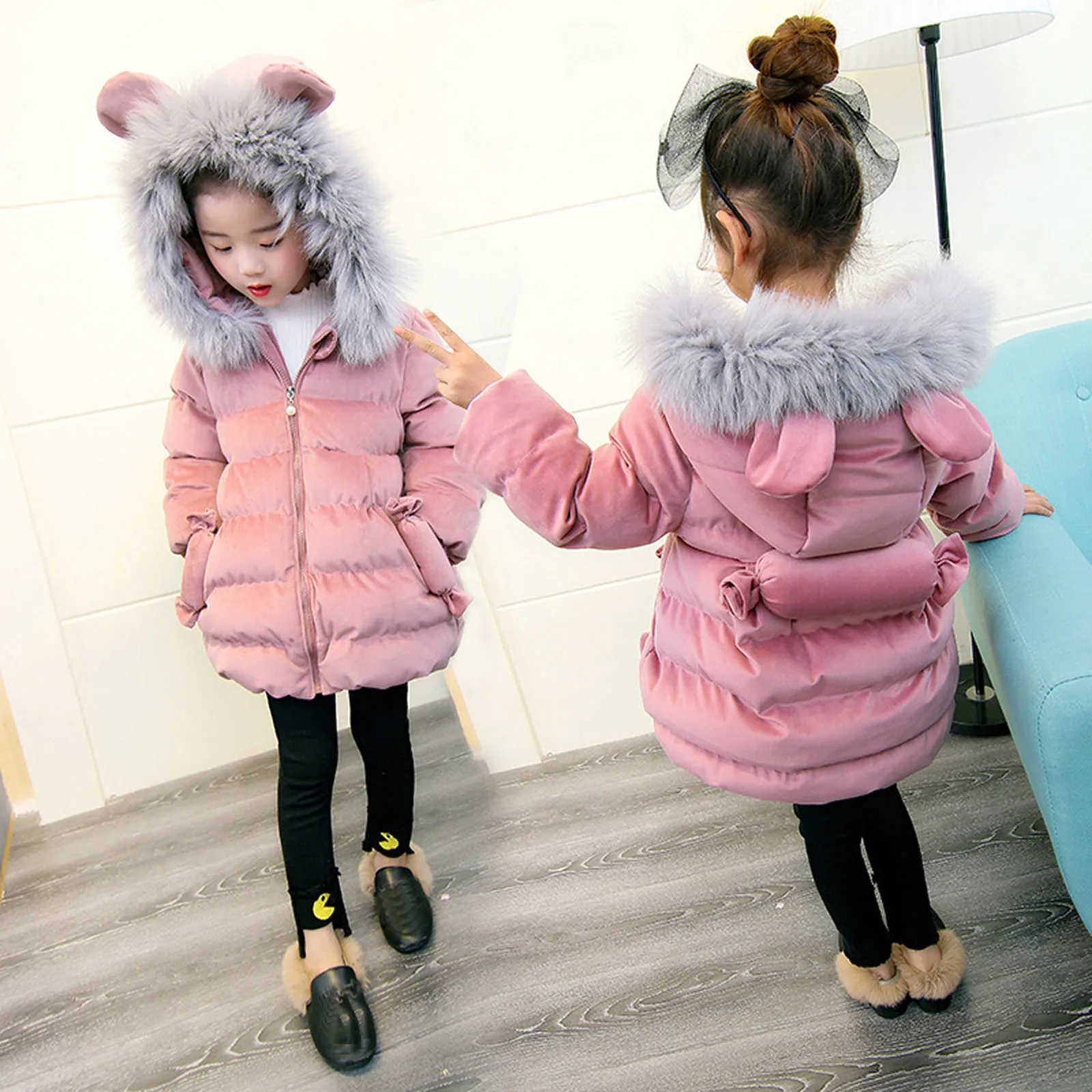 

Children Girls Winter Jackets Faux Furs Bunny Ear Hooded Down Zipper Thick Coat Jacket Windbreaker Outerwear All-match Jackets