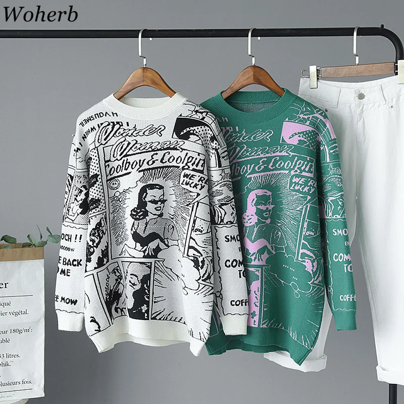 Woherb винтажный пуловер свитер Женский вязаный Топ с мультяшным принтом букв новая