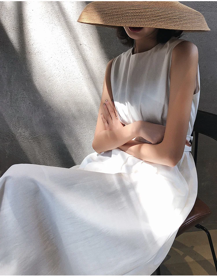 Сарафан женский однотонный Повседневный без рукавов с круглым вырезом лето 2021 |