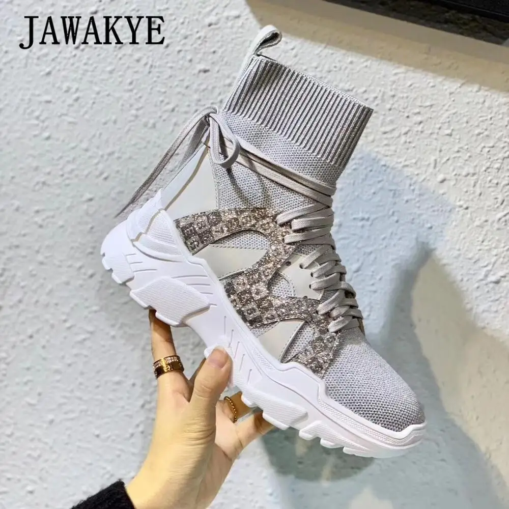 JAWAKYE/вязаные носки на шнуровке; ботильоны; женская обувь на эластичной платформе; сезон осень; Цвет черный, бежевый; женские повседневные короткие ботинки; botas mujer
