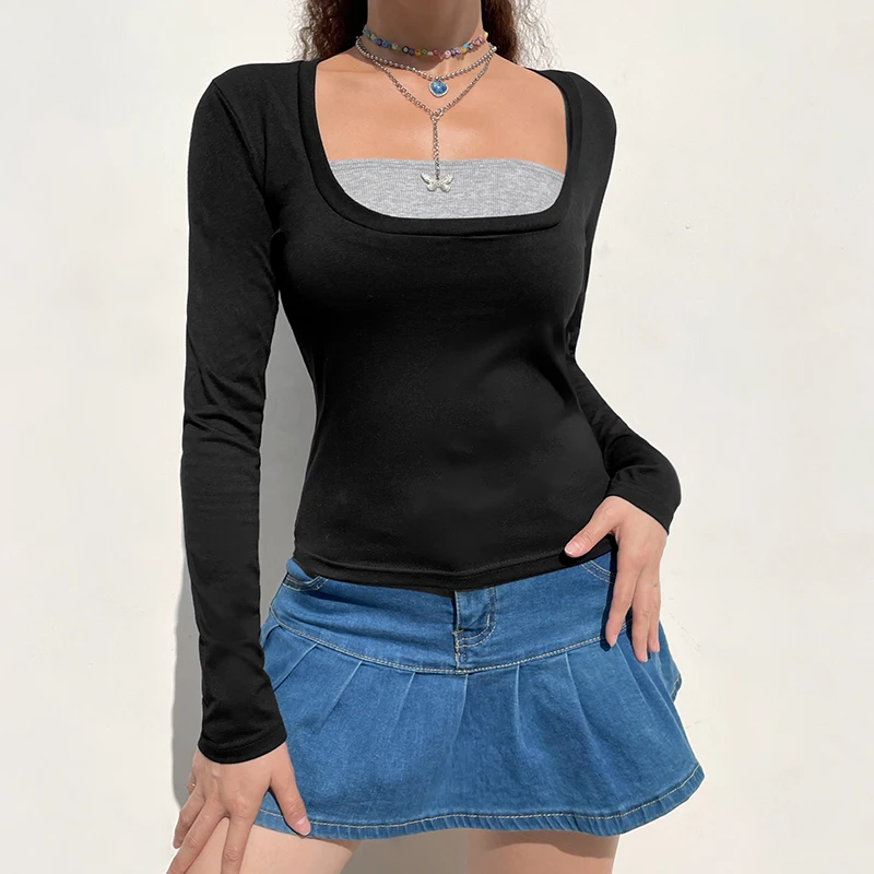 

Y2K повседневные Лоскутные облегающие Женские футболки с длинным рукавом Fairycore Grunge Ретро базовые Короткие топы контрастная Осенняя футболка