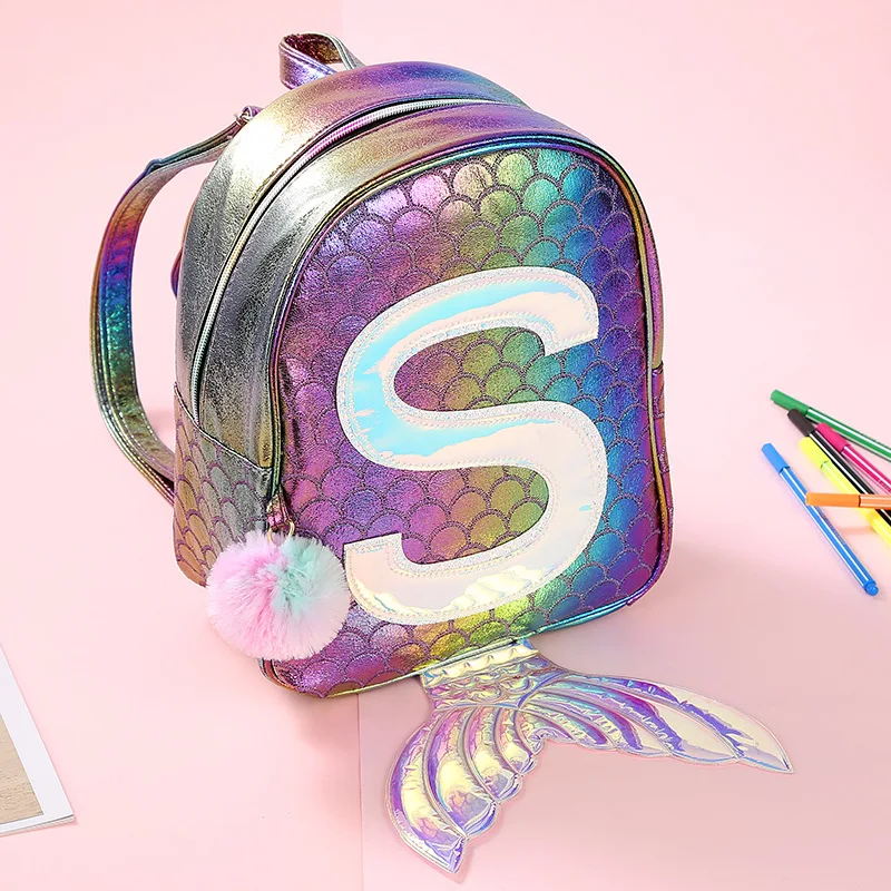 mermaid fish tail Backpack Children Schoolbag for Teenager girl Holographic pu leather bookbag women bag pom casual small bag