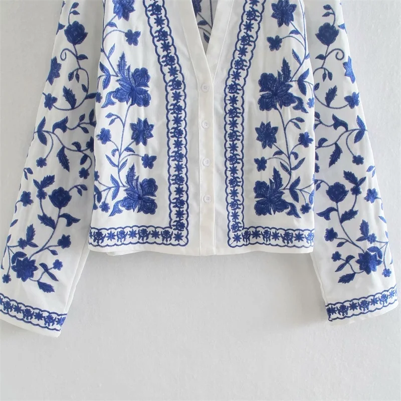 

Baldauren Women 2021 Fashion Blue and White Porcelain Embroidered Top Retro Long Sleeve Button Shirt Streetwear