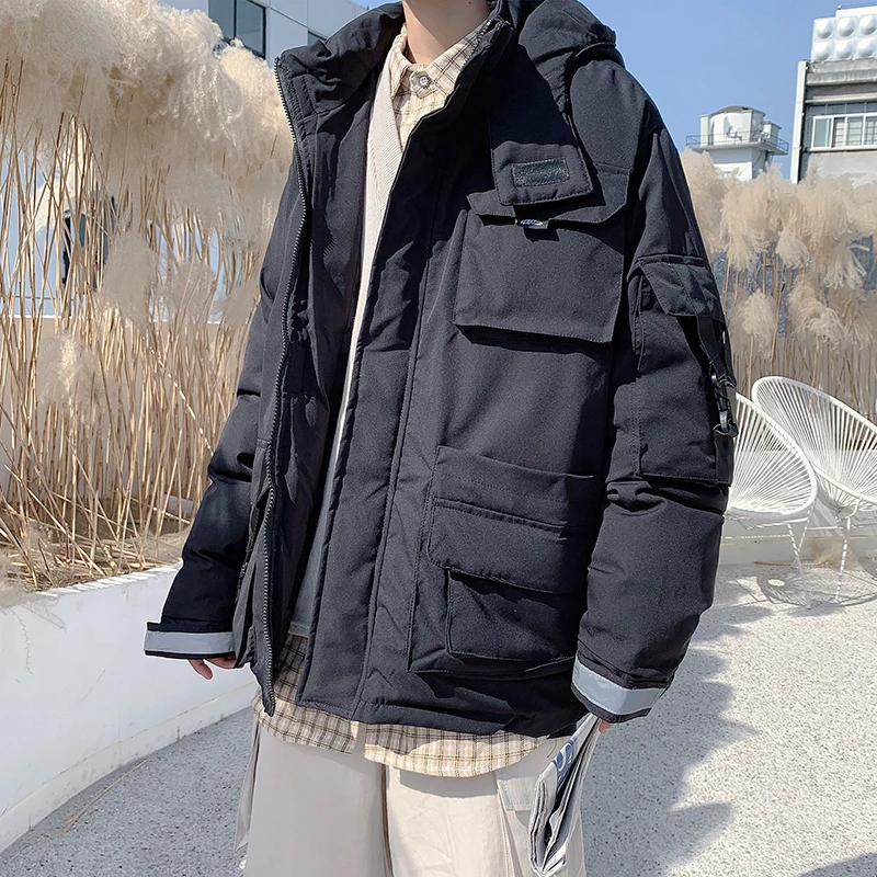 Winter Short Coat Men Warm Thick Parka Men Fashion Reflective Strip Hooded Coat Man Streetwear Loose Tooling Jacket Male Clothes