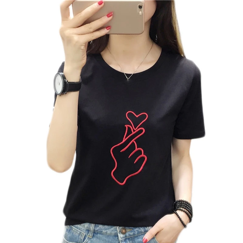 Женская футболка с вышивкой белая Повседневная принтом в виде сердца лето 2020 |