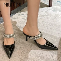 niufuni womens shoes 2022 new spring baotou patent leather pointed toe high heeled rhinestone slippers size 35 40 party