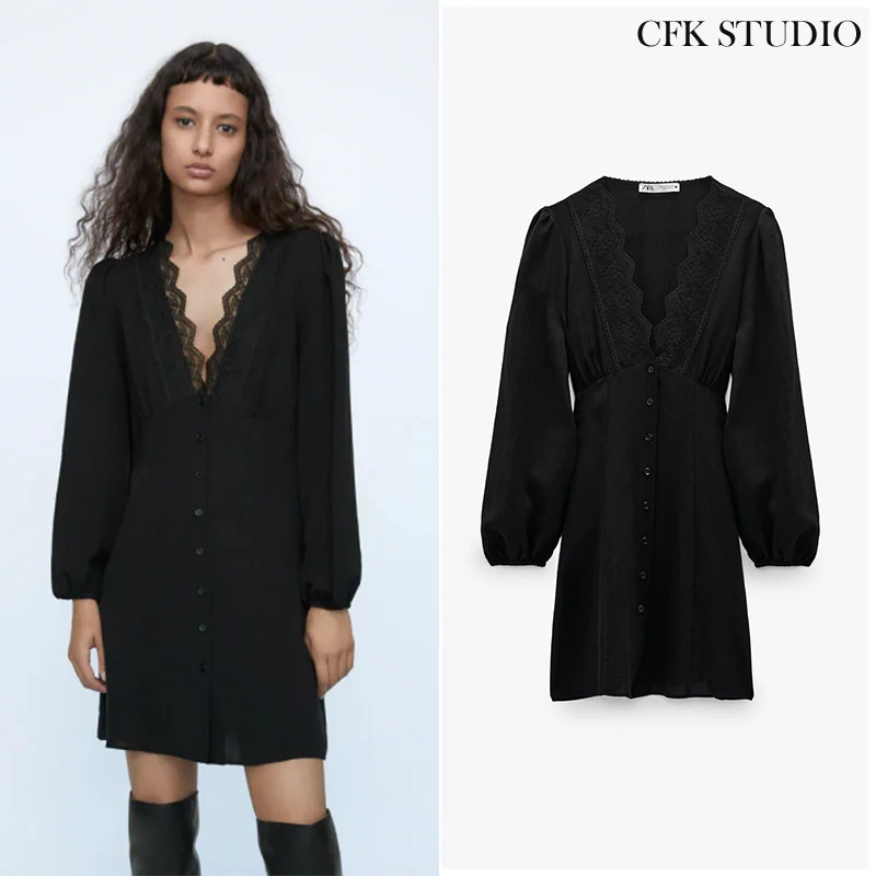 Za для женщин Осень мини платье с треугольным вырезом и кружевом длинными