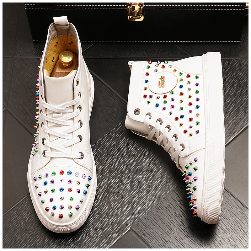 New luxury designer sneakers Men colorful Studded Rivet Spike Casual Flats high tops rock punk Shoes Male Moccasins Loafers | Обувь