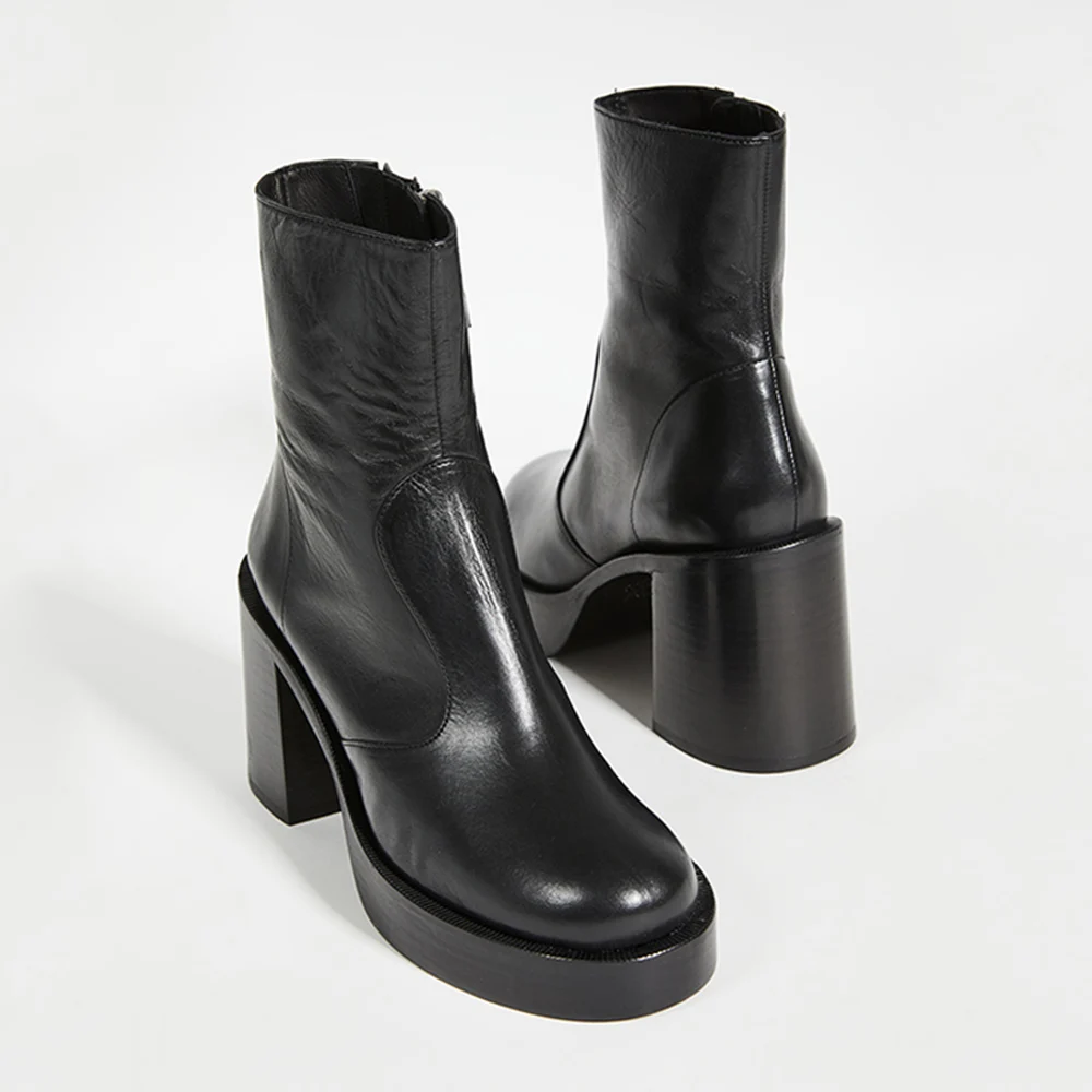 Купи MUMANI Woman‘s Ankle Boots Black Leather Round Toe Zipper 9cm High Heels Platform Footwear Elegant Handmade Shoes за 4,320 рублей в магазине AliExpress