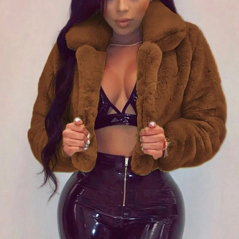 

Fashion Faux Fur Coats Women Warm Fluffy Cropped Jackets Furry Winter Jackets Women Down Collar Open Front Short Overcoats