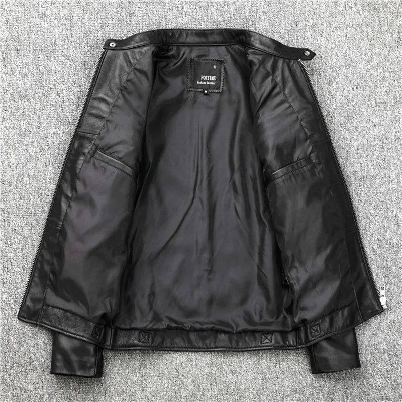 

Genuine Sheepskin Leather Men's Motorcycle Stand-Collar Slim Short Youth Leather Casual Jacket