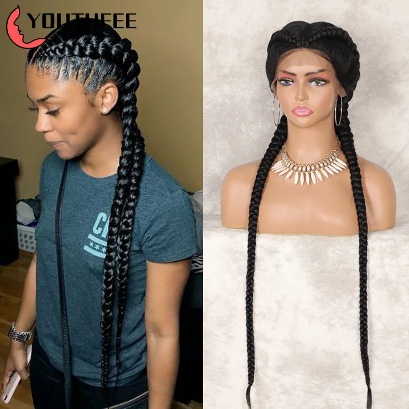 Youthfee 36 Inches Dutch Braided Synthetic Wigs With Baby Hair Lace Front Dutch Braids Wig For Black