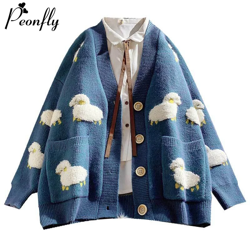 

PEONFLY New 2020 Autumn Female Cardigan Loose Streetwear Sweater Coat Cute Cartoon Sheep Print V Neck Knitted Women Jacket
