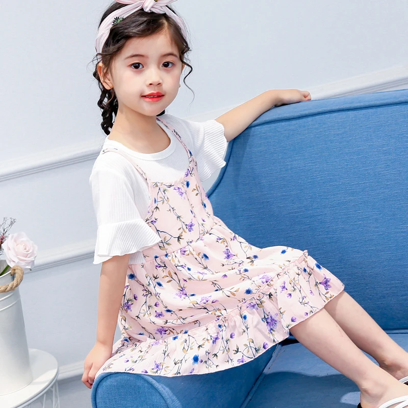 Детское плиссированное платье принцессы с короткими рукавами круглым вырезом и