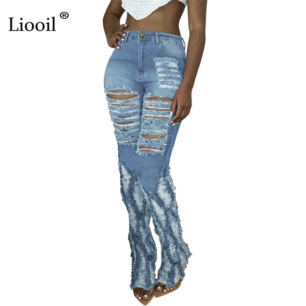 

Liooil Blue High Waist Ripped Flare Jeans With Pockets 2021 Streetwear Women Skinny Trousers Bell Bottoms Sexy Hole Denim Pants