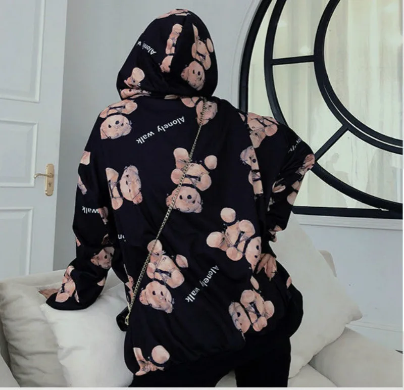 

Kawaii Women Teddy Bear Hoodie Black White Cute Sweatshirt Tracksuit Spring Autumn Vintage Harajuku Oversized Hoodies Clothes
