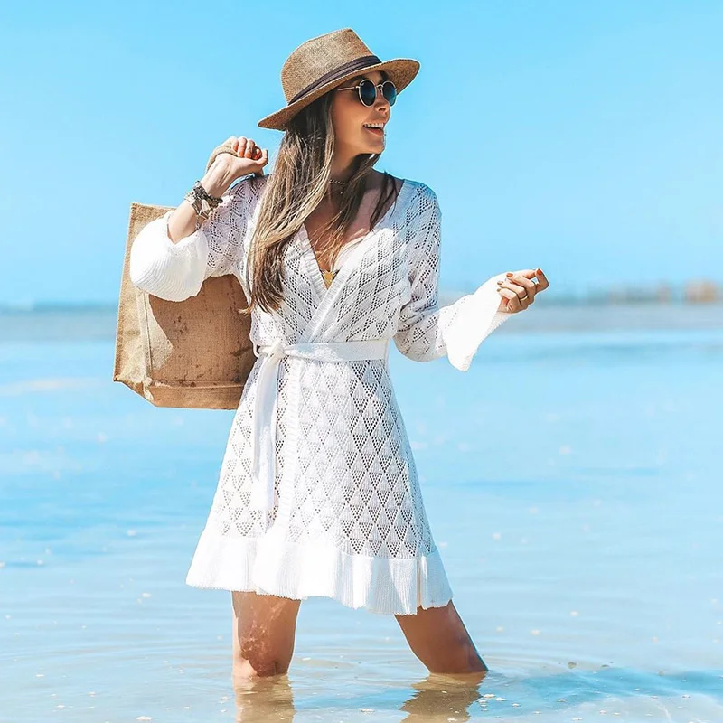 Женское пляжное платье QUEVOON открытое трикотажное бикини с расклешенными