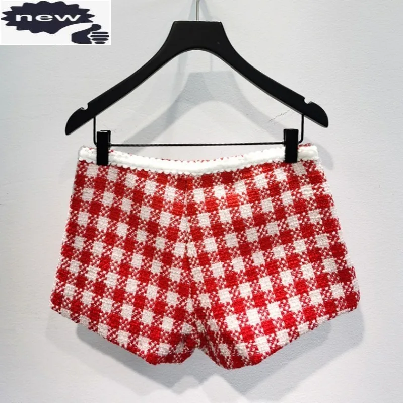 Female Tweed Casual High Waist Short Trousers Colorblock Cotton Plaid Hotpants Summer Straight Sexy Slim Fit Mini Shorts